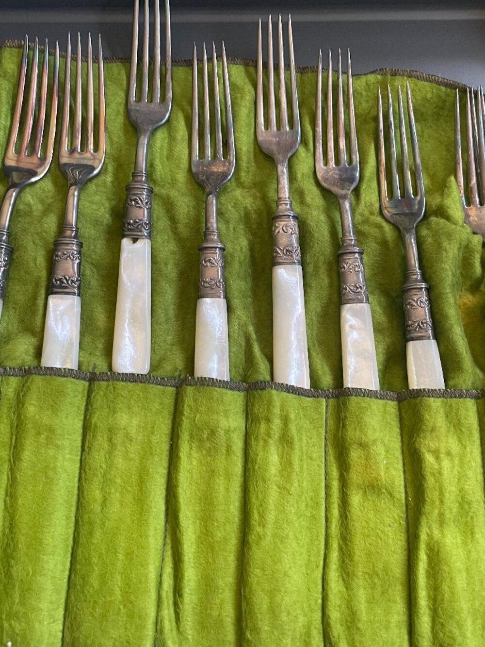 Vintage Mother of Pearl Handle Fork Set – Ornate Silver Plate Collars – 12pc